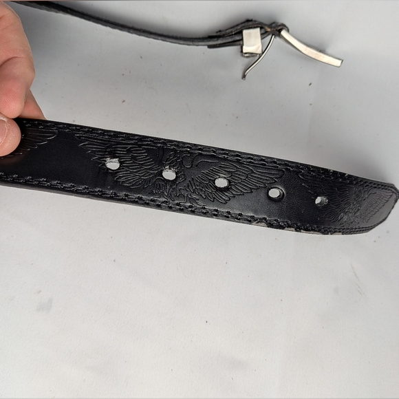 American Pride Black Leather Belt Size 44 With Eagles Pattern Bikercore - Picture 5 of 8